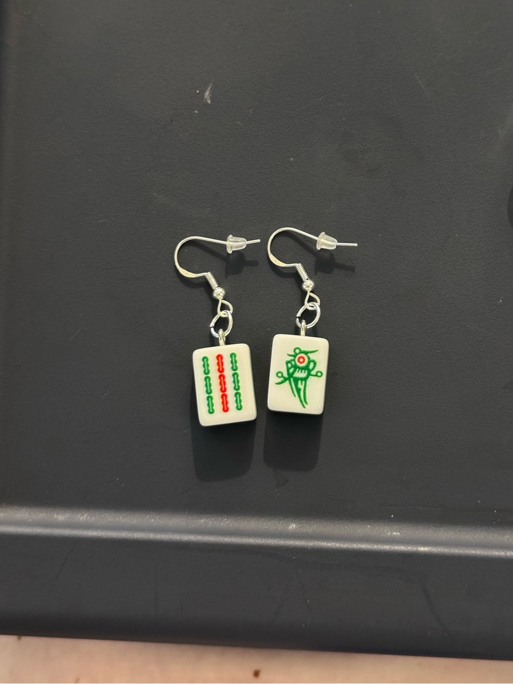 Mahjong Tile Dangle Earrings - White with Green & Red Accents